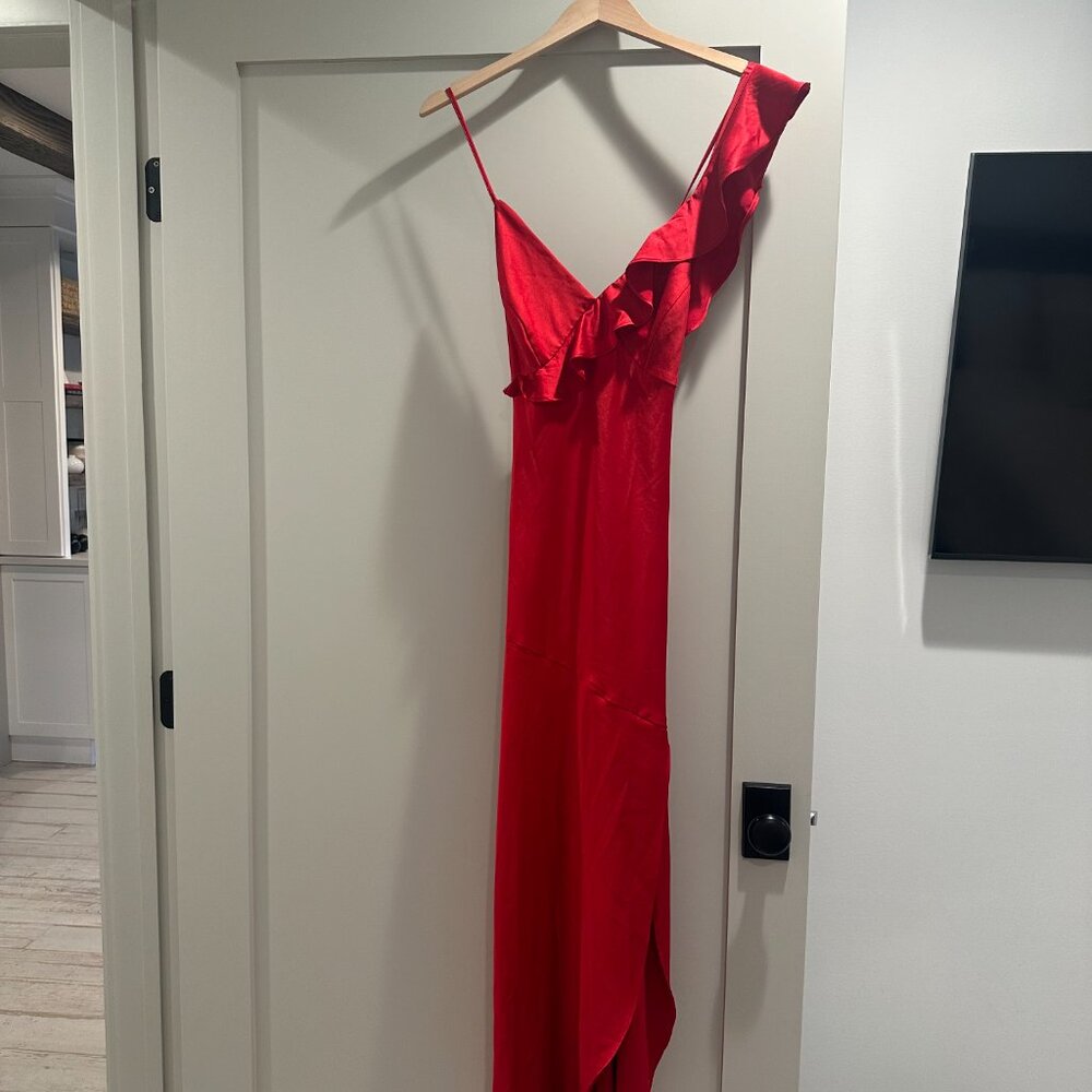 Urban Outfitters Red Satin Gown with Ruffle Detailing and Open Back - Picture 5 of 10